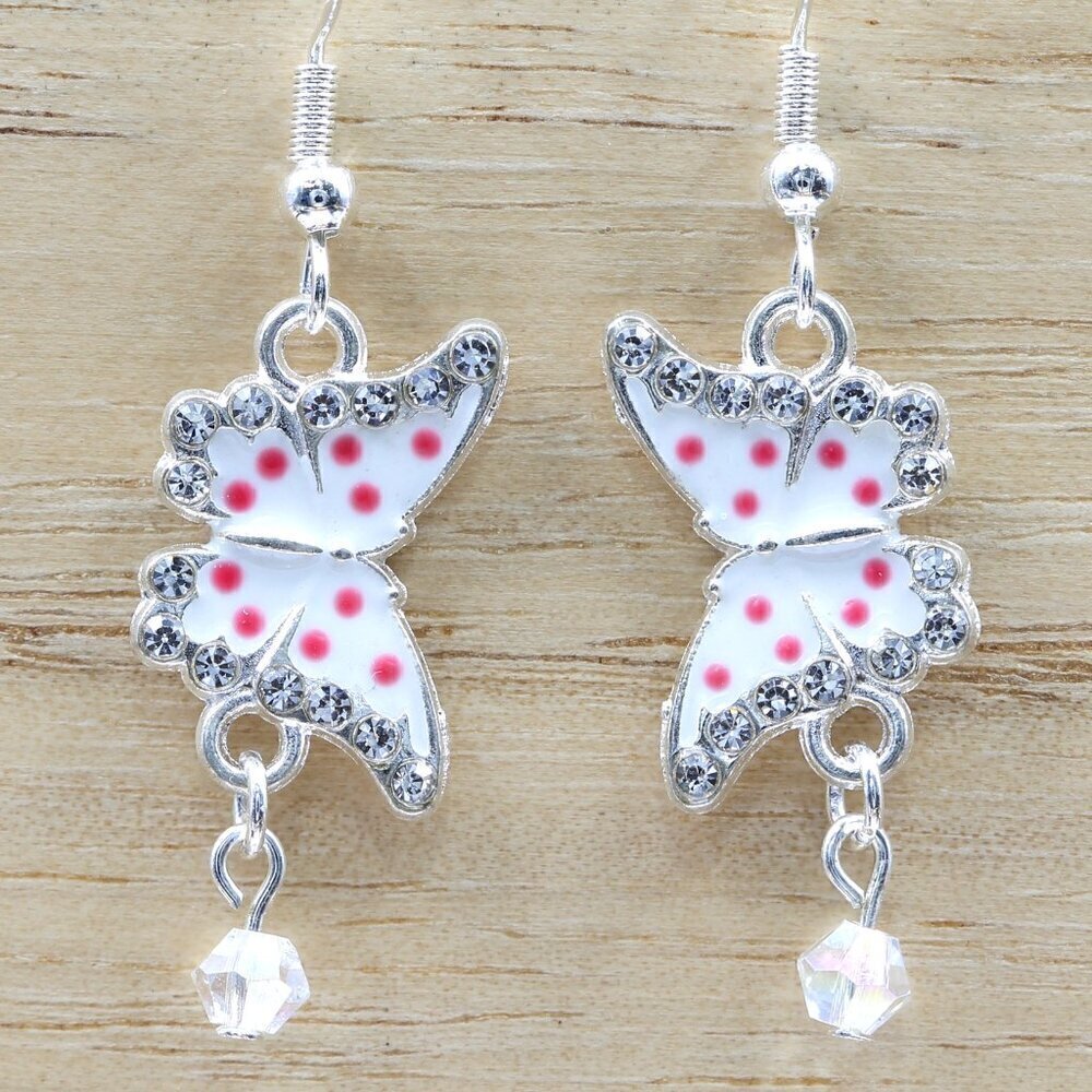 Butterfly Polka Dot Drop Earrings Silver Pink | Handmade - Picture 3 of 5